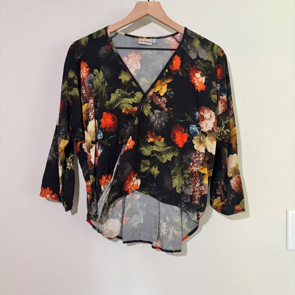 The Odells Blouse Wrap Floral Size M Black Dark Moody Botanical Artsy